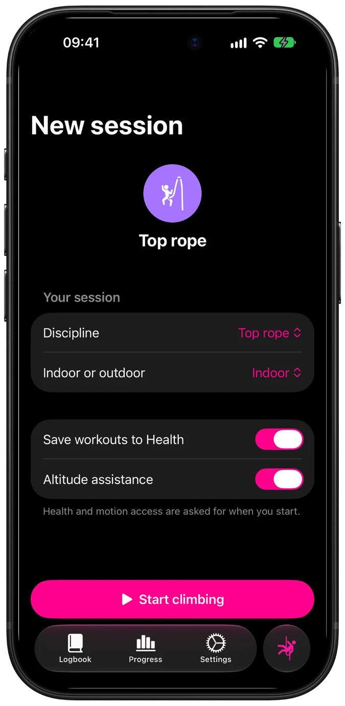 New session on iPhone with Top rope selected and a Start climbing button