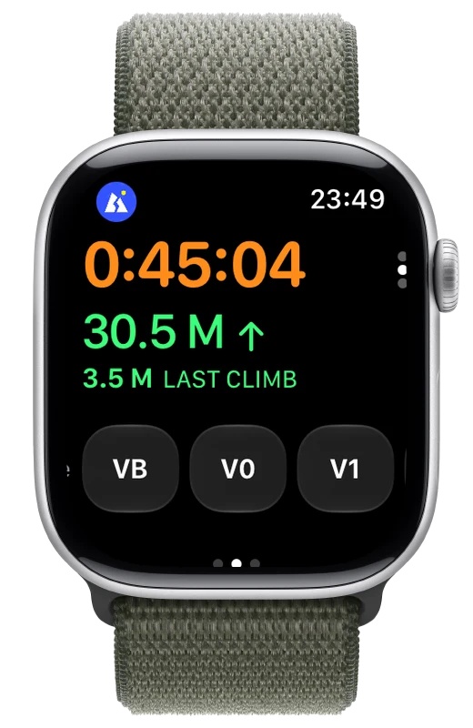 Apple Watch during a session showing height climbed, the last climb's height and grade buttons