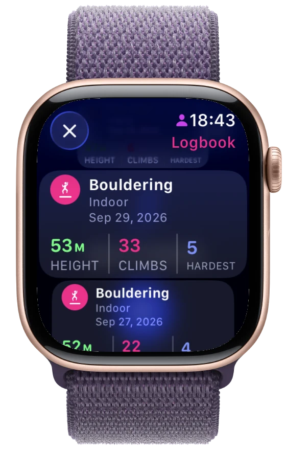 Apple Watch logbook with recent bouldering sessions
