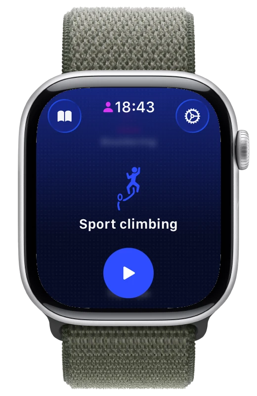 Apple Watch start screen with Sport climbing selected and a start button